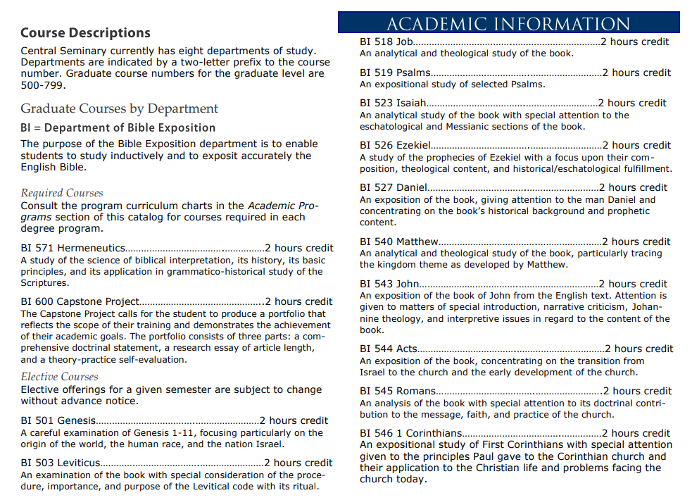Catalog and Schedules Central Baptist Theological Seminary